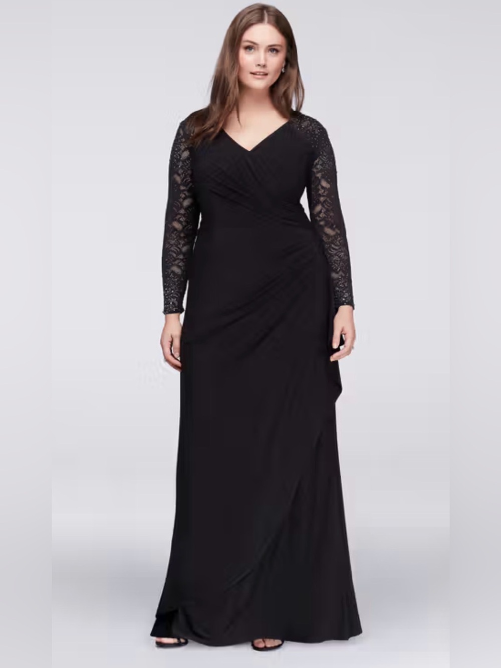 Alex Evenings NWT 24W Black Crystal Lace Sleeve Faux Wrap Formal Gown Black Tie